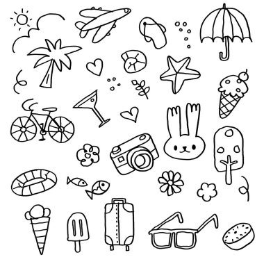 Yaz tatilinde dondurma, plaj ve seyahat ikonları gibi yaratıcı projeler ve boyama sayfaları için mükemmel öğeler içeren eğlenceli siyah beyaz karalamalar.