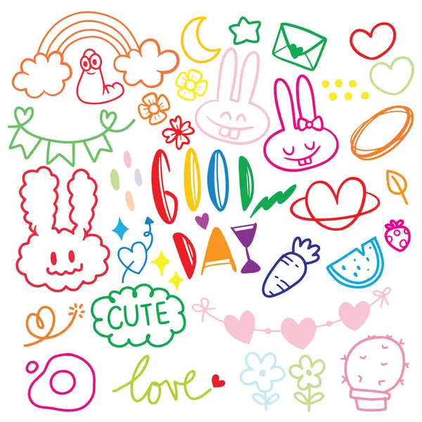 stock vector Bright and cheerful doodles featuring bunnies, hearts, rainbows, and positive words, perfect for uplifting and creative designs