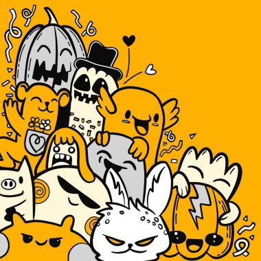 Cadılar Bayramı temalı karalama karakterlerinin neşeli ve şenlikli bir tasviri canlı sarı arka planda yer alıyor.