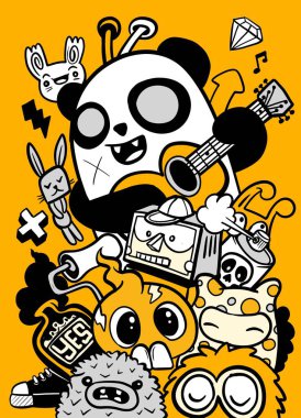 Canlı karalama sanatında gitar çalan kaprisli bir panda, sarı arka planda tuhaf ve sevimli karakterlerle çevrili.