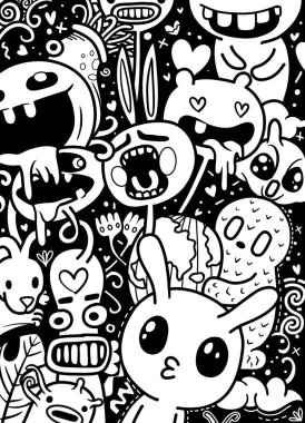 Değişik ifadeler ve esrarengiz tasarımlar içeren siyah ve beyaz çizgi karakterlerin koyu bir arkaplan üzerine kurulu canlı bir tasviri.