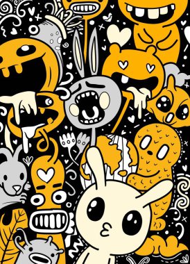 Siyah bir arkaplan, çeşitli ifadeler ve oyuncu tasarımlar karşısında renkli kaprisli karalama karakterleri içeren canlı bir illüstrasyon