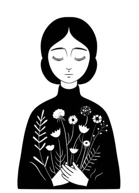 Barış ve doğanın güzelliğini temsil eden, elinde bir buket çiçek tutan, siyah ve beyaz, minimalist bir kadının resmi.