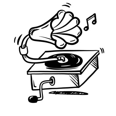 Müzikal notalarla müzik çalan klasik bir gramofonun el çizimi karalaması, kaprisli siyah-beyaz bir illüstrasyon sergiliyor.