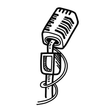 Kabloyla çizilmiş siyah-beyaz bir mikrofon çizimi, tuhaf ve sanatsal bir tasarım sergiliyor.