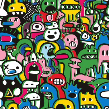 Renkli canavar karakterlerin oyuncu ve kaotik bir dizaynda dışavurumcu yüzleri olan, ofset tarzı çizilmiş canlı bir el çizimi.