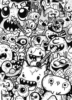 Siyah ve beyaz renkli bir sayfa olarak tasarlanmış, kendini ifade eden tuhaf karakterlerin el çizimi çizimi tasviri.