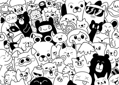 Oyuncu, siyah ve beyaz karalama kolajı. Çeşitli anlamlı yüzleri olan sevimli hayvan karakterleri var. , Renkli Boo