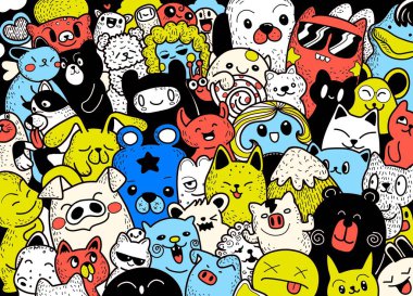 Canlı, kaprisli bir kolajın yakın planında çeşitli çizgi film karakterleri parlak renklerde. Oyuncu yaratıcılık kavramı.