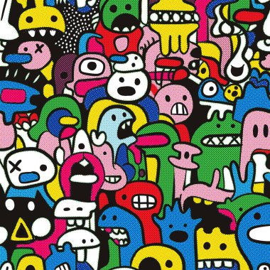 Yarım ton tarzında canlı bir karalama kolajı. Oyuncu yüzlü, değişik renkli canavar karakterlerin yer aldığı.