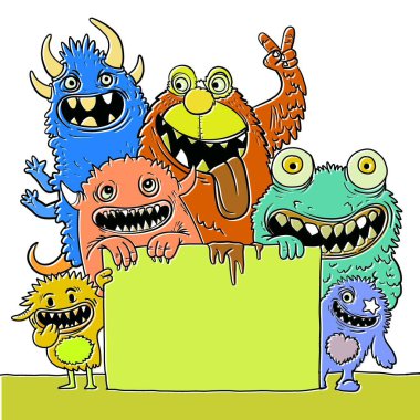 A vibrant hand-drawn doodle illustration in offset style featuring colorful monster characters holding a blank sign with expressive faces in a playful design