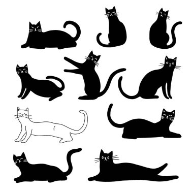 Collection of black and white cat silhouettes in various poses, highlighting the graceful and playful nature of cats clipart