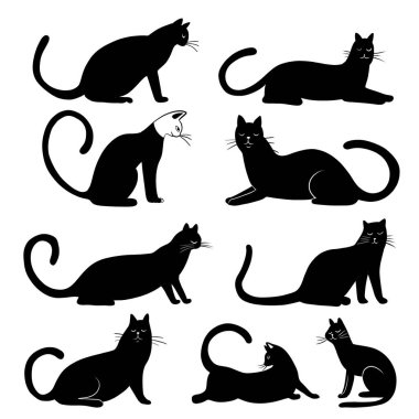 Çeşitli pozlarda siyah beyaz kedi siluetleri koleksiyonu, kedilerin zarif ve neşeli doğasını vurguluyor.