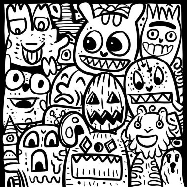 Değişik tuhaf canavar karakterleri ve siyah beyaz çizimlerdeki oyuncu unsurların yer aldığı canlı bir karalama sanatı..