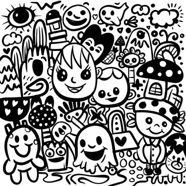 Neşeli siyah beyaz karalama sanatı. Mutlu yüzler, tuhaf karakterler ve eğlenceli bir illüstrasyonda oyuncu unsurlar.