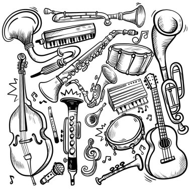 Gitarlar, davullar, saksafonlar gibi çeşitli müzik enstrümanlarının yer aldığı el yapımı karalama çizimleri ve dahası, eğlenceli siyah-beyaz bir tasarım.