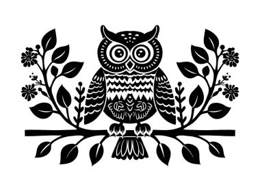 Siyah ve beyaz halk sanatı, yapraklı ve çiçekli bir dala tünemiş bir baykuşun, karmaşık desenler ve tasarımlar içeren bir tasviri.