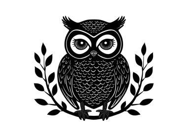 Ayrıntılı desenleri olan, yapraklı bir dala tünemiş, halk sanatı tarzında tasarlanmış bir baykuşun karmaşık siyah beyaz çizimi