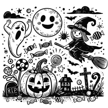 Siyah ve beyaz Cadılar Bayramı temalı karalama. Süpürgede uçan sevimli bir cadı, korkmuş bir hayalet, bir kriko fener, şeker ve diğer neşeli elementler.