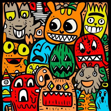 Bir grup renkli canavarın oynadığı karikatür çizimi. Neşeli ve muzip ifadeleri olan, koyu bir arkaplana karşı cesur ve canlı bir şekilde çizilmiş..