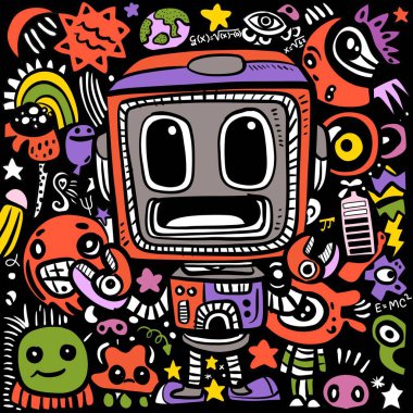 Değişik garip karalamalar ve karanlık arka plandaki soyut unsurlarla çevrili neşeli ifadeleri olan renkli bir robotun karikatür çizimi.