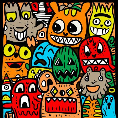 Bir grup renkli canavarın oynadığı karikatür çizimi. Neşeli ve muzip ifadeleri olan, koyu bir arkaplana karşı cesur ve canlı bir şekilde çizilmiş..
