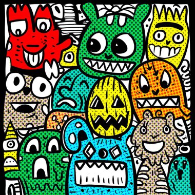 Çizgi film çizimleri, eğlenceli ve canlı bir tasarıma sahip beyaz bir arkaplana karşı yarım tonda neşeli ifadeleri olan renkli canavarlardan oluşan bir grup içeriyor.