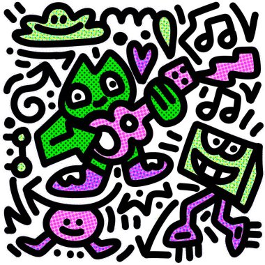 Soyut çizgi film karakterlerinin müzik çalan, renkli şekillerin ve sembollerin karışımından oluşan canlı ve neşeli bir çizim, retro bir çizgi roman için yarım ton etkisi ile geliştirilmiş.