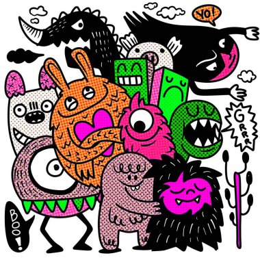 Garip ve renkli bir grup çizgi film canavarı, eğlenceli bir çizgi roman tarzı için canlı bir yarım tonla geliştirilmiş, arkadaş canlısı bir grup kucaklaşmasını paylaşıyor.