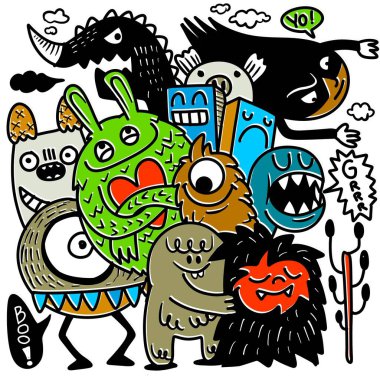 Canlı renkleri ve cesur ifadeleri olan, eğlenceli ve enerjik bir stil sergileyen, beyaz bir arka plana karşı ofset etkisi çizilmiş bir grup oyuncu canavardan oluşan karikatür çizimi