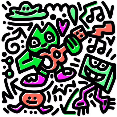 Çizgi film illüstrasyonunda soyut karakterler koyu renkli müzik enstrümanları çalıyorlar, beyaz arka plana karşı ayarlanmış, neşeli ve enerjik bir tasarım yaratıyorlar.