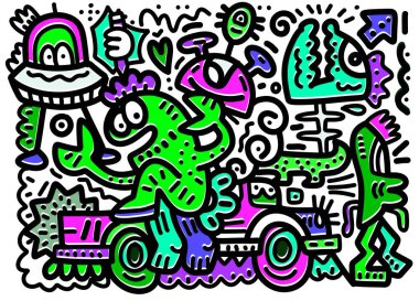 Değişik efektli renkli karalama sanatı, tuhaf karakterler, soyut şekiller ve neşeli bir kompozisyonda canlı tasarımlar tasvir ediyor.