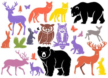 Canlı bir renkli orman hayvan silueti koleksiyonu her biri ayrı bir katmanda çıkarılabilir ya da değiştirilebilir. Beyaz arkaplanda izole