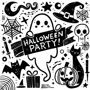 El çizimi Cadılar Bayramı parti karalama sanatı hayalet, yarasa, cadı şapkası, balkabağı, örümcek ağı ve kafatası gibi ürkütücü ikonlar içeriyor. Her biri ayrı bir katmanda çıkarılabilir ya da değiştirilebilir.