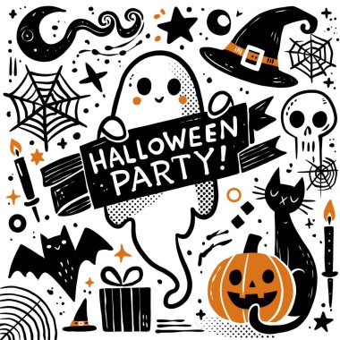 El çizimi Cadılar Bayramı parti karalama sanatında hayalet, cadı şapkası, kedi, balkabağı, örümcek ağı ve kafatası yer alıyor. Her biri ayrı bir katmanda çıkarılabilir ya da değiştirilebilir.