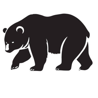 Beyaz arka planda izole edilmiş, güçlü duruşunu ve doğal hareketini basit bir tasarımla sergileyen yürüyen bir ayının silueti..