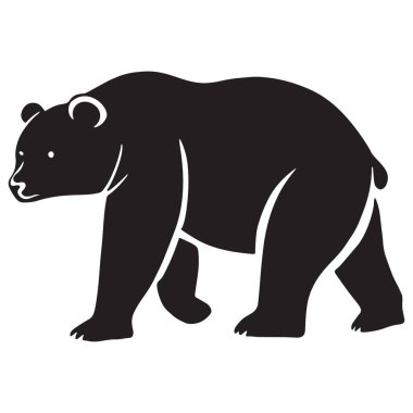 Beyaz arka planda izole edilmiş, güçlü duruşunu ve doğal hareketini basit bir tasarımla sergileyen yürüyen bir ayının silueti..