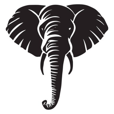 Büyük kulaklı, kıvrık gövdeli, beyaz bir arka planda izole edilmiş bir fil kafasının silüeti görkemli varlığını vurguluyor.