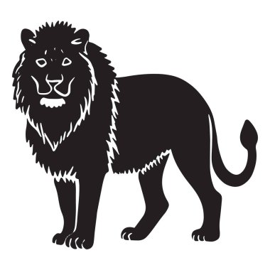 Bir aslanın silueti gururla duruyor, beyaz bir arka planda soyutlanmış, görkemli yelesini ve güçlü duruşunu sergiliyor..