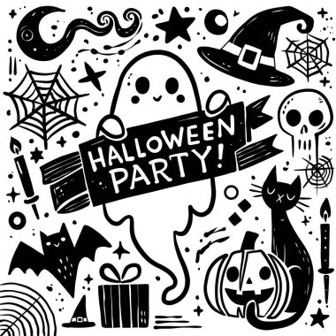 El çizimi Cadılar Bayramı parti karalama sanatı hayalet, yarasa, cadı şapkası, balkabağı, örümcek ağı ve kafatası gibi ürkütücü ikonlar içeriyor. Her biri ayrı bir katmanda çıkarılabilir ya da değiştirilebilir.