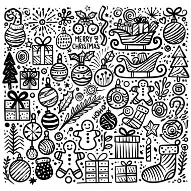 Noel karalama sanatında hediye, süs, kızak, zencefilli ekmek ve çorap gibi bayram ikonları yer alıyor. Her biri ayrı bir katmanda çıkarılabilir ya da değiştirilebilir.