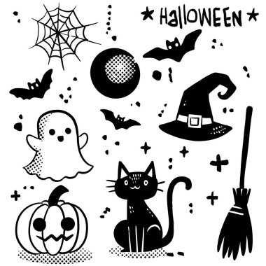 Beyaz arka planda bir hayalet, siyah kedi, balkabağı, cadı şapkası, yarasa ve süpürge içeren siyah ve beyaz bir cadılar bayramı karalaması, boyama kitabı için ideal.