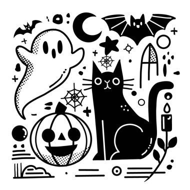 Beyaz arka planda bir hayalet, siyah kedi, balkabağı, yarasa, ay ve örümcek ağı içeren siyah ve beyaz bir cadılar bayramı karalaması, boyama kitabı için mükemmel..