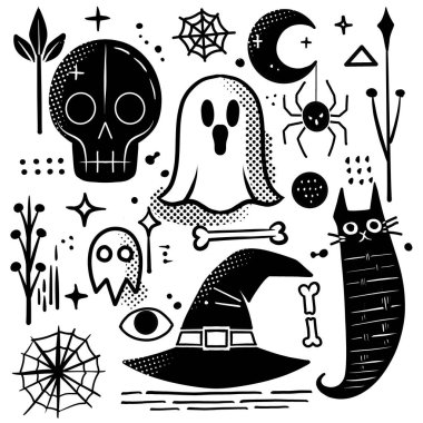 El çizimi Cadılar Bayramı temalı boyama sayfası hayalet kafatasları cadılar ve ürkütücü elementlerle dolu. Her biri ayrı bir katmanda çıkarılabilir ya da değiştirilebilir. Beyaz arkaplanda izole.