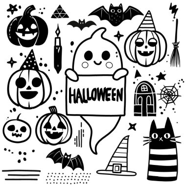 El çizimi Cadılar Bayramı temalı resimli kitap resimlerinde hayaletler, balkabakları yarasalar ve ürkütücü elementler var. Her biri ayrı bir katmanda çıkarılabilir ya da değiştirilebilir. Beyaz arkaplanda izole.