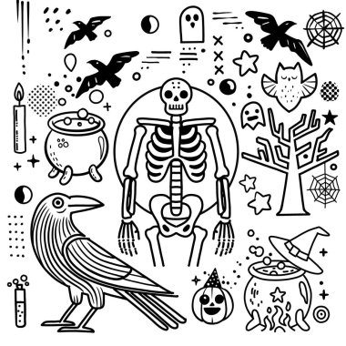 El çizimi Cadılar Bayramı temalı boyama sayfasında iskelet karga kazanı ve ürkütücü elementler var. Her biri ayrı bir katmanda çıkarılabilir ya da değiştirilebilir. Beyaz arkaplanda izole.