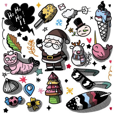 Noel Baba, ren geyiği, dondurma ve çeşitli bayram temalı simgelerin yer aldığı canlı Noel illüstrasyonları beyaz arka plan üzerinde yarım ton etkisine sahiptir..