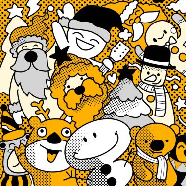 Noel Baba, kardan adam, ren geyiği ve parlak sarı arka planda yarım ton etkisi olan neşeli karakterlerin yer aldığı neşeli Noel illüstrasyonu, tatil renklendirme faaliyetleri için mükemmel..