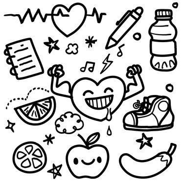 Kalp, spor ayakkabısı, şişe, elma, not defteri ve çalışmayla ilgili diğer eşyalar gibi sağlık unsurları içeren siyah-beyaz karalama stili çizimler..