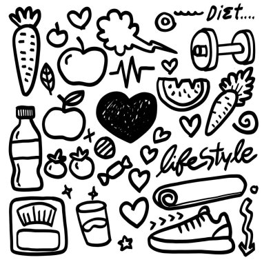 Hand drawn doodle style illustration in black and white featuring healthy lifestyle elements such as fruits, vegetables, water bottle, dumbbell, heart, and fitness equipment. clipart